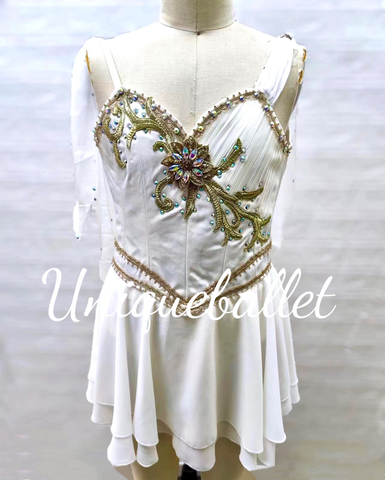 Golden Trims White Cupid Talisman Lyrical Ballet Costume Modern Ballet Dress YAGP Stage Wear - YLLCUPGDWTPLCE