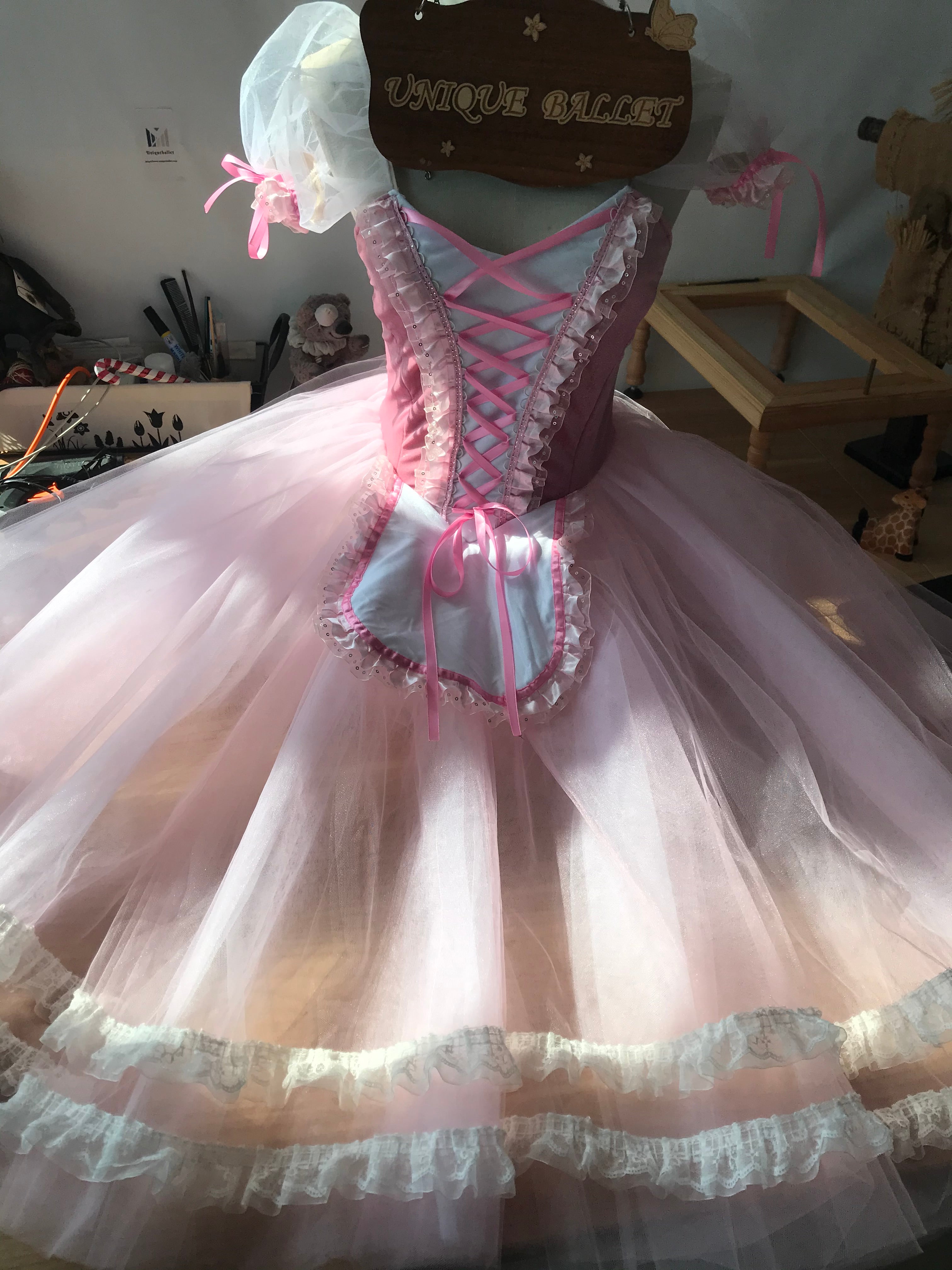 Pink Giselle Professional Romantic Ballet TuTu Hooks Long Dress Peasant Costume -DOGSLPNK
