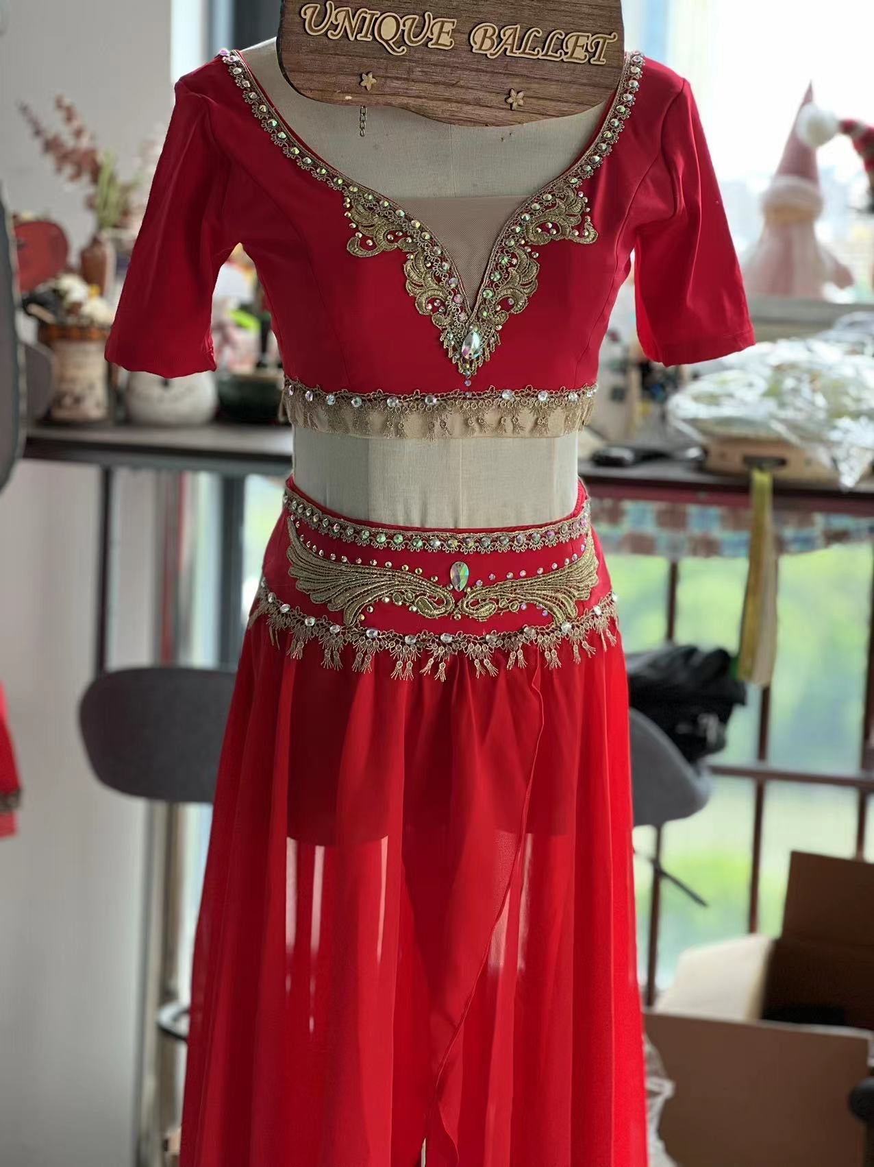 Professional Hooks Style Red 2 Pieces La Bayadere Nikija Indian Crop Top and Skirt Ballet Costume Set Nutcracker Arabian Dance Wear YAGP Costume - YL2PREDSKTGD