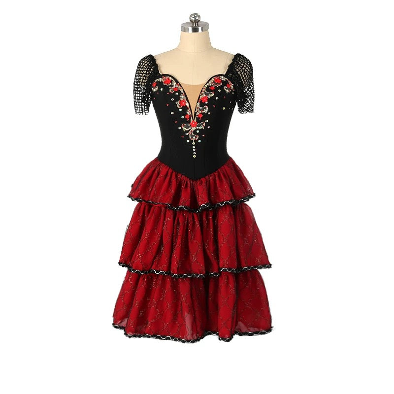 Don Quixote Kitri Mercedes Long Romantic Ballet TuTu Costume Black Red Spanish Romantic Long Ballet Dress -DOSPNBLKRED
