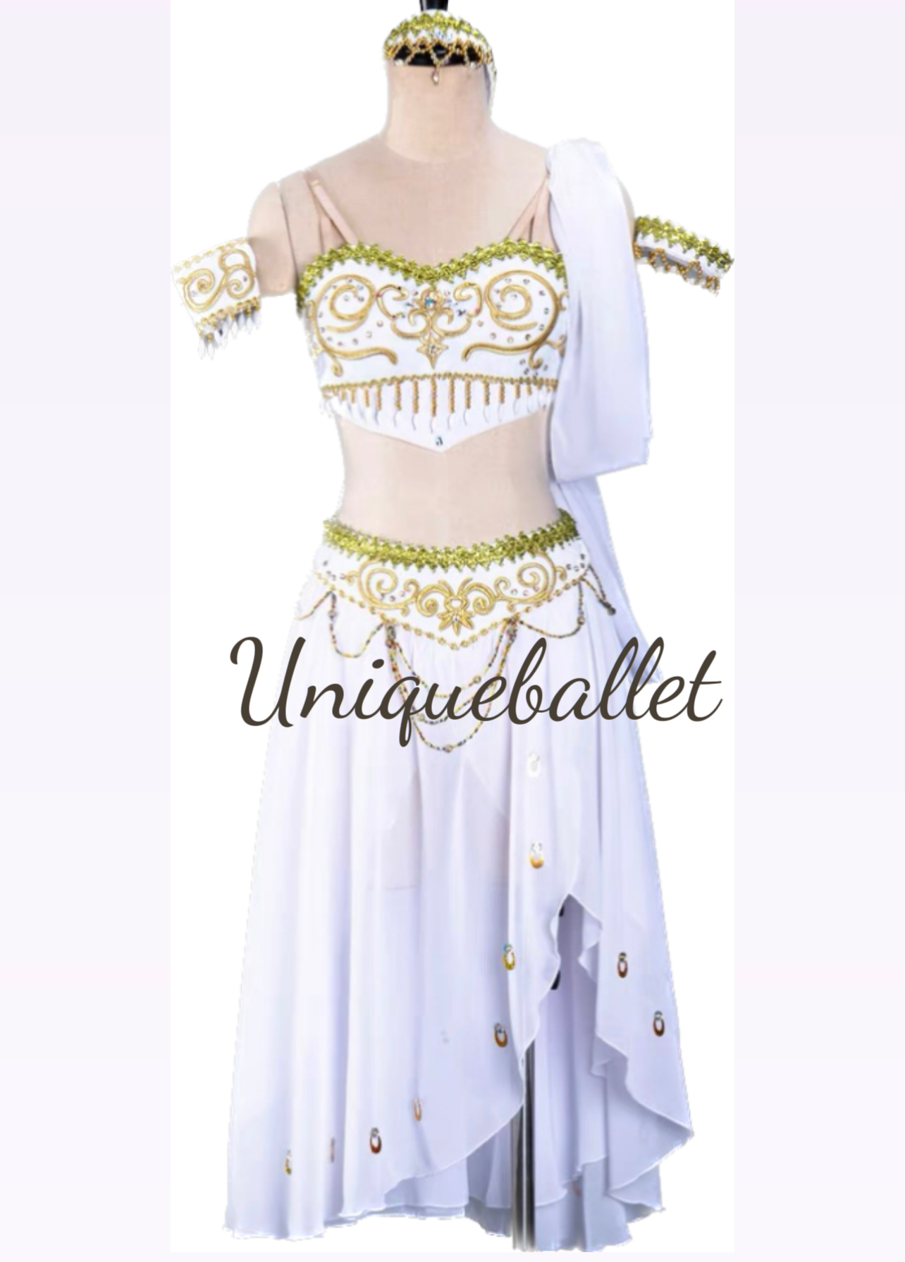 2 Pieces White La Bayadere Nikija Indian Crop Top and Skirt Ballet Costume Set Nutcracker Arabian Dance Wear YAGP Costume - QW2PWHTSKT