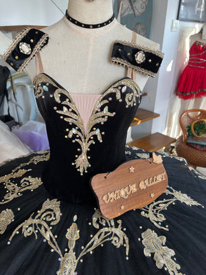 Professional Black Classic Ballet Tutu Costume With Golden Appliqués Ballet Tutu Stage Costume For Paquita Satanella Variation