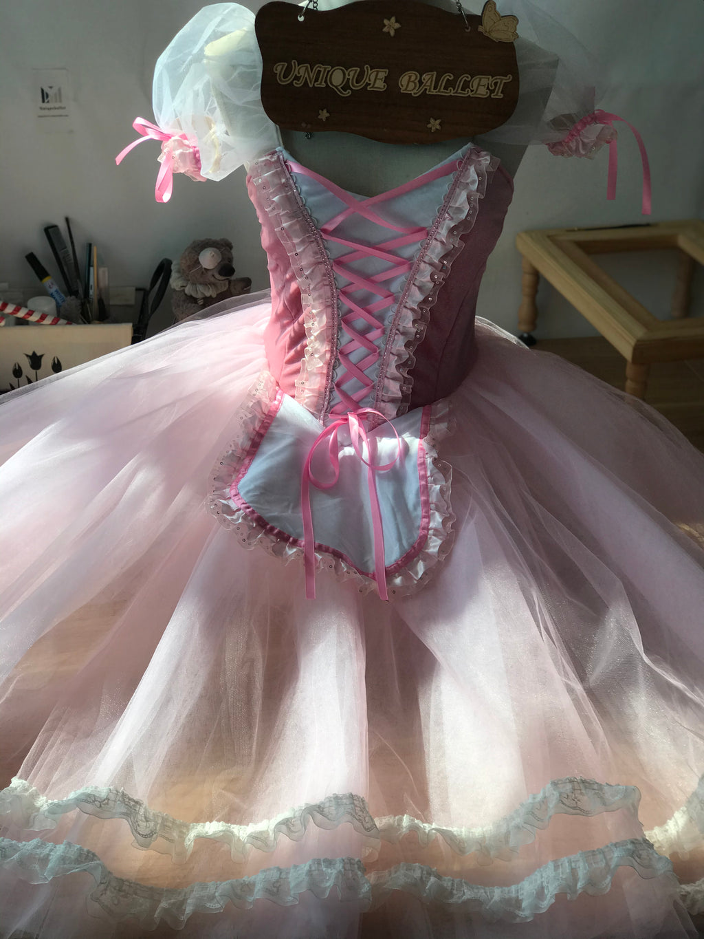 Pink Giselle Professional Romantic Ballet TuTu Hooks Long Dress Peasant Costume -DOGSLPNK