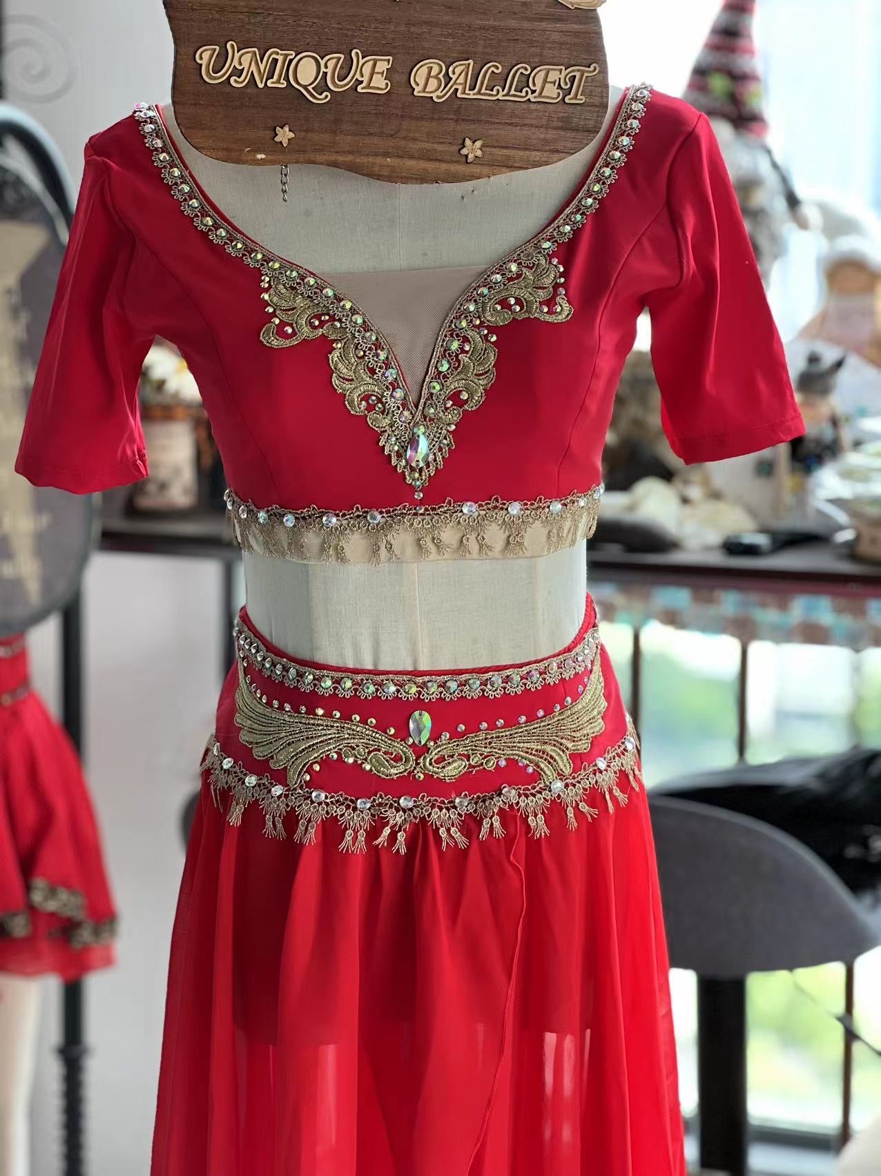 Professional Hooks Style Red 2 Pieces La Bayadere Nikija Indian Crop Top and Skirt Ballet Costume Set Nutcracker Arabian Dance Wear YAGP Costume - YL2PREDSKTGD