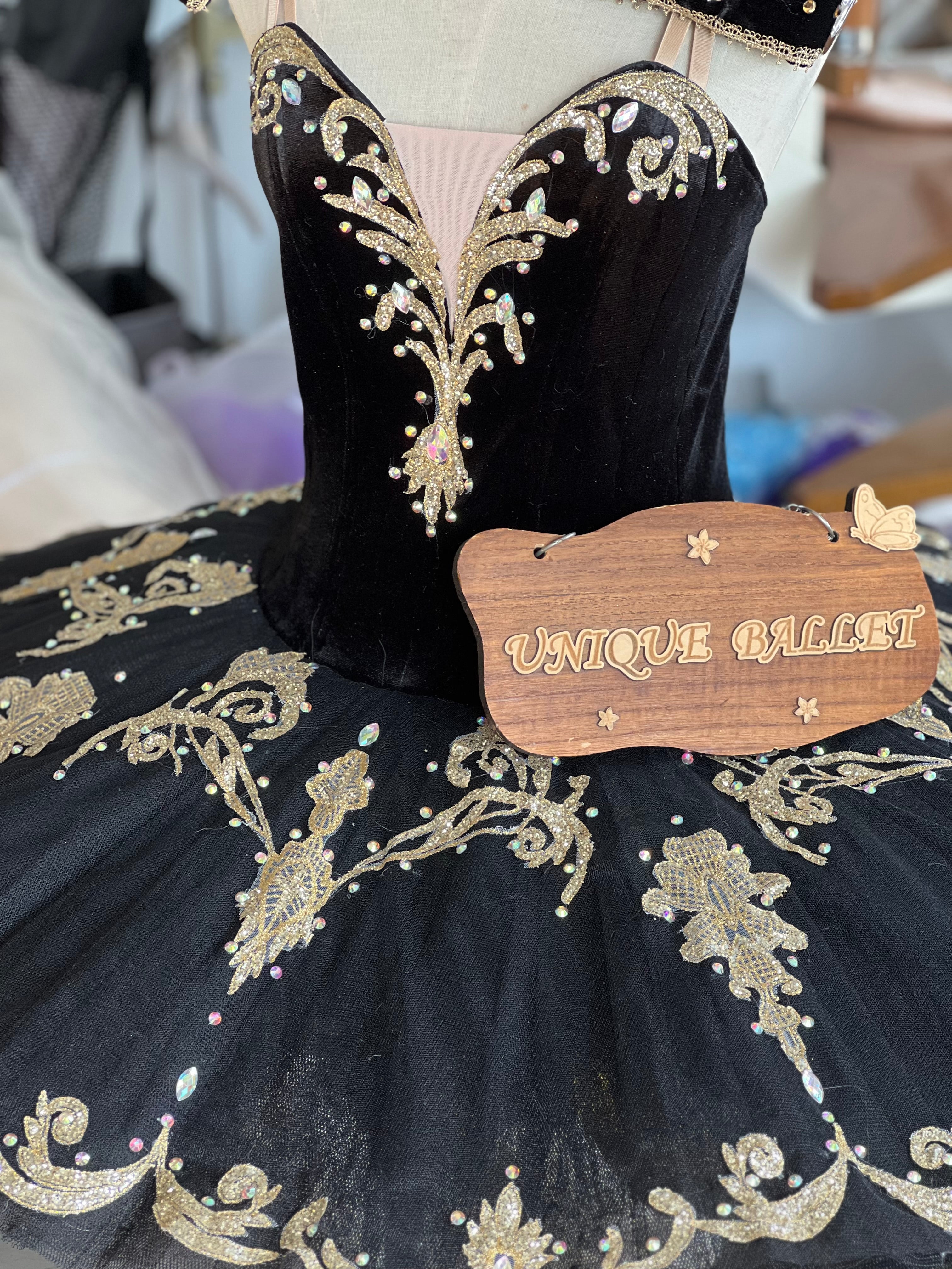 Professional Black Classic Ballet Tutu Costume With Golden Appliqués Ballet Tutu Stage Costume For Paquita Satanella Variation