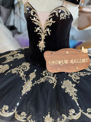 Professional Black Classic Ballet Tutu Costume With Golden Appliqués Ballet Tutu Stage Costume For Paquita Satanella Variation