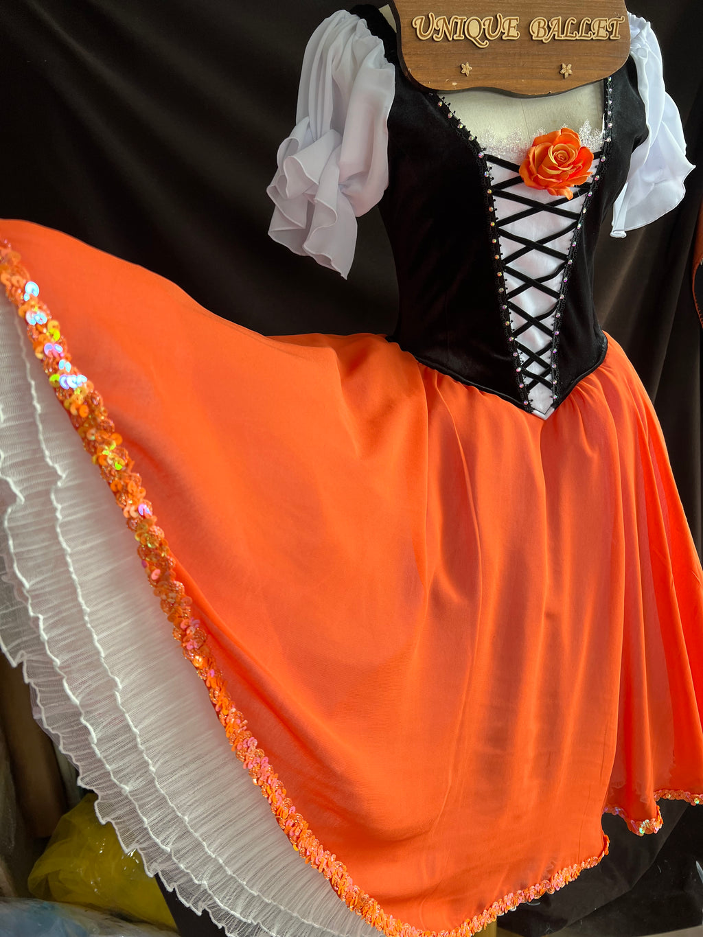 Professional Black and Orange Romantic Tutu Costume For Patuita Act 1 Scene 1 First Variation Gypsy Dress Stage Dance-wear With Hooks - RYLBLKORGGPSY
