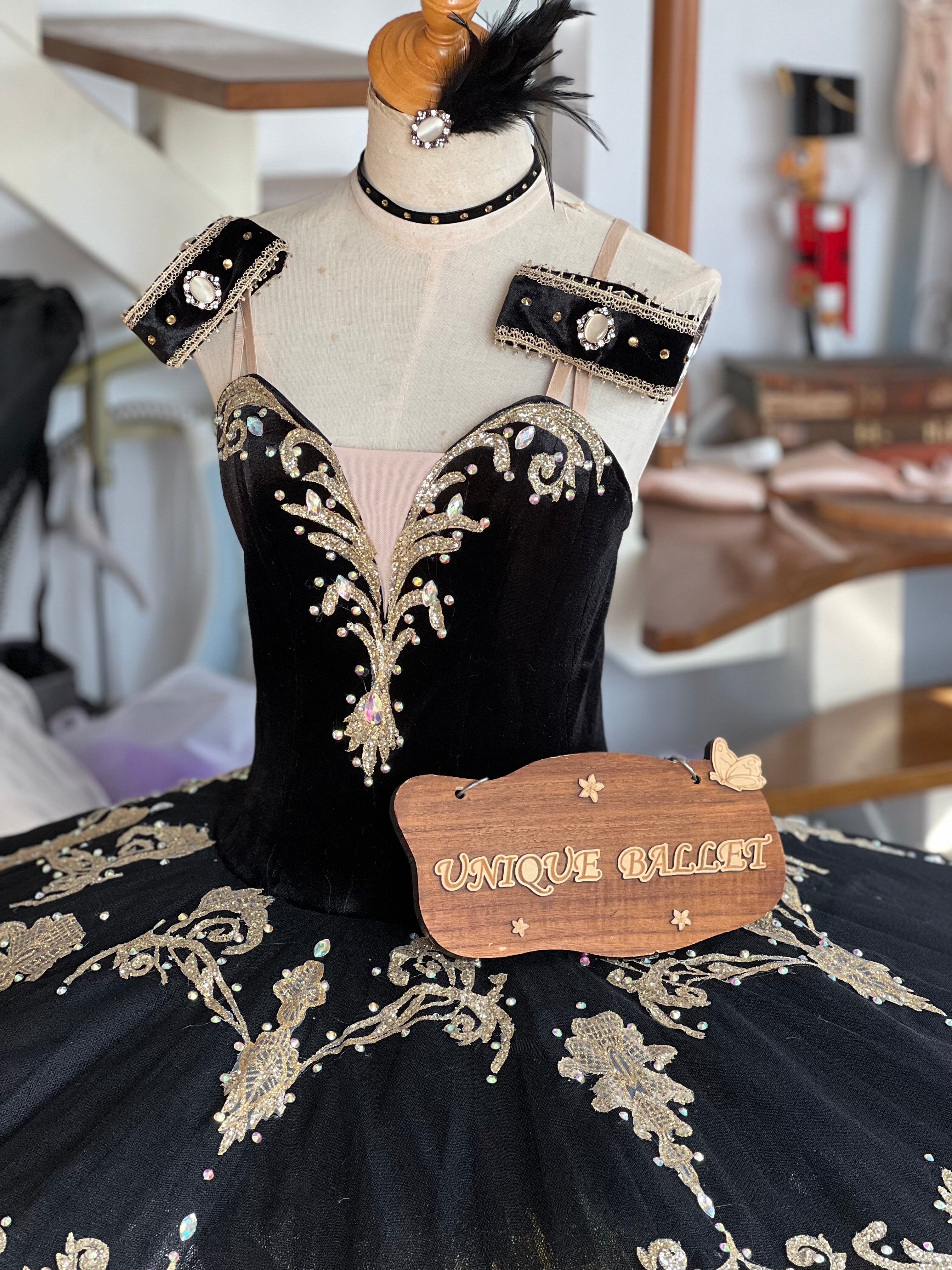 Professional Black Classic Ballet Tutu Costume With Golden Appliqués Ballet Tutu Stage Costume For Paquita Satanella Variation