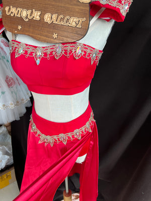 Professional Hooks Style Red Satin 2 Pieces La Bayadere Nikija Indian Crop Top and Skirt Ballet Costume Set Nutcracker Arabian Dance Wear YAGP Costume - YL2PREDSTNSKTGD