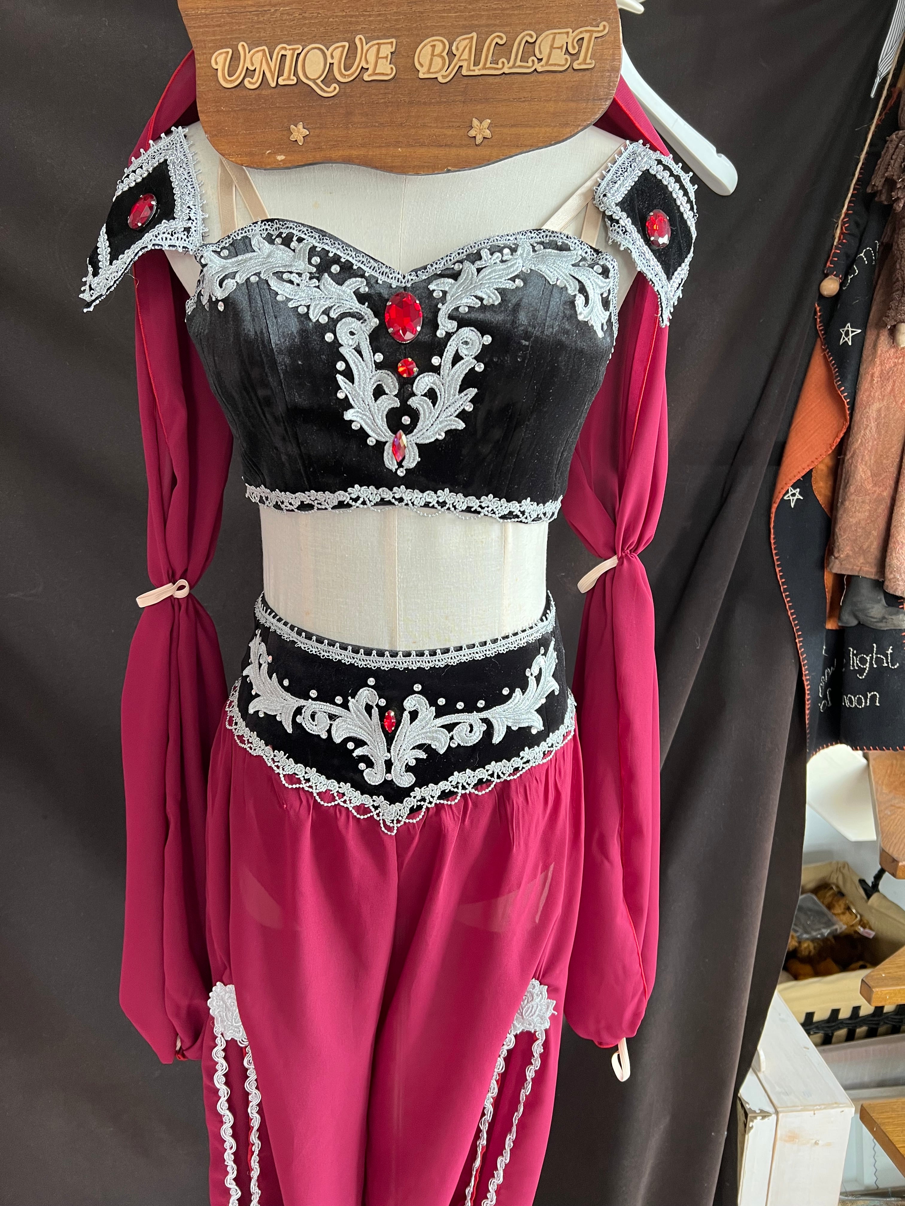 2 Pieces Black Top and Burgandy Win Red With Silver Appliqués Pants Arabian Dance La Bayadere Nikija Indian Crop Top and Pants Ballet Costume -YLPNTSBLKWNREDSLV