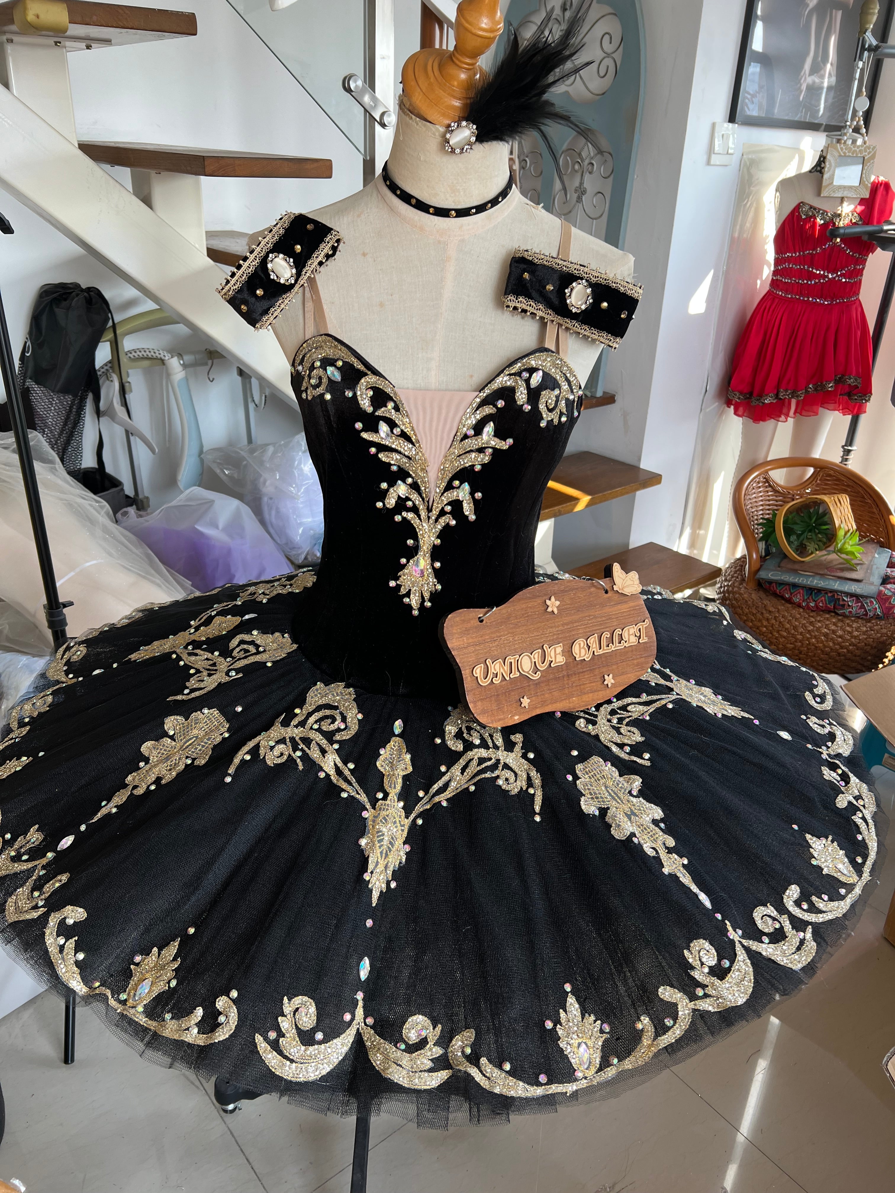 Professional Black Classic Ballet Tutu Costume With Golden Appliqués Ballet Tutu Stage Costume For Paquita Satanella Variation