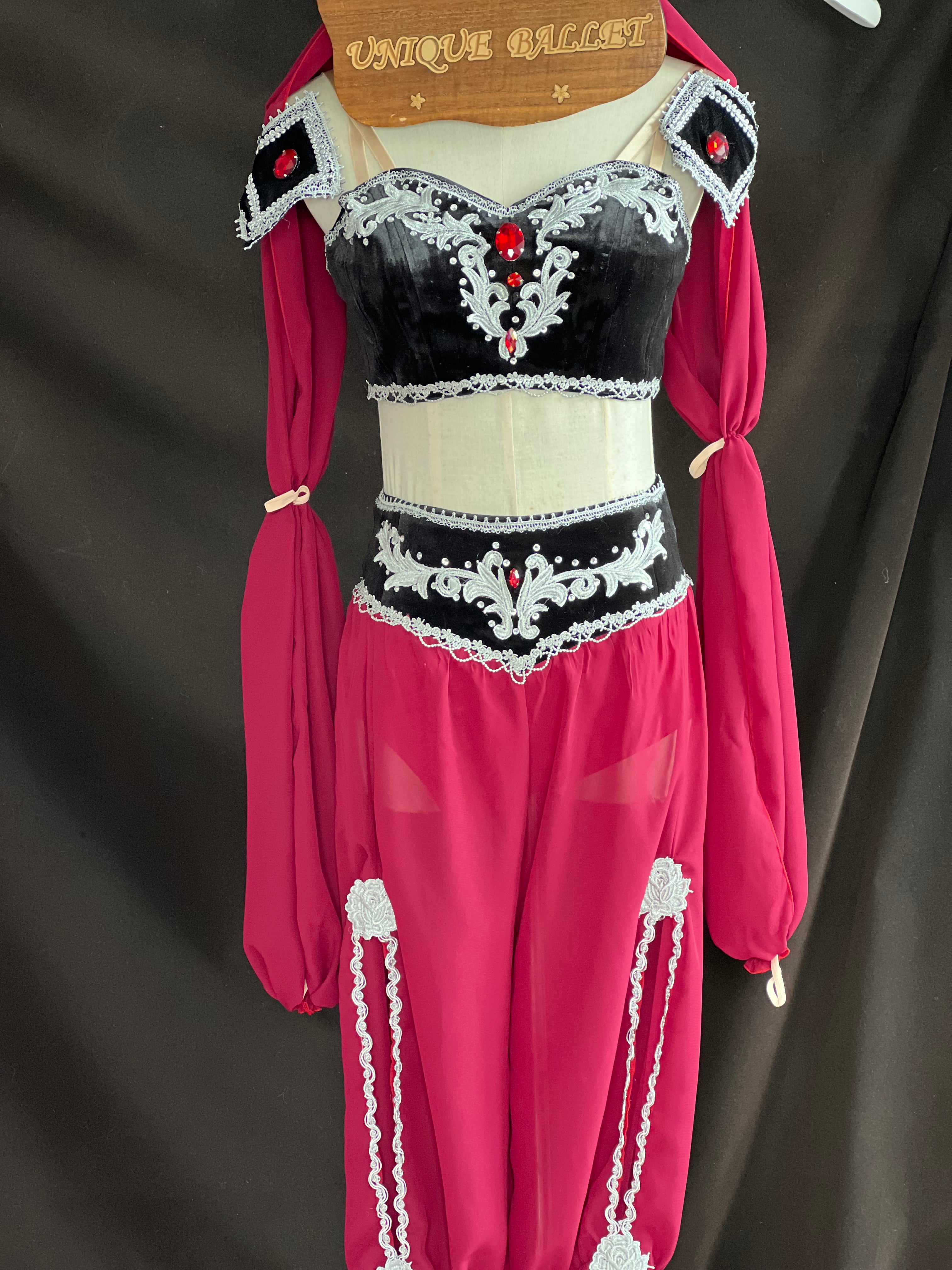 2 Pieces Black Top and Burgandy Win Red With Silver Appliqués Pants Arabian Dance La Bayadere Nikija Indian Crop Top and Pants Ballet Costume -YLPNTSBLKWNREDSLV