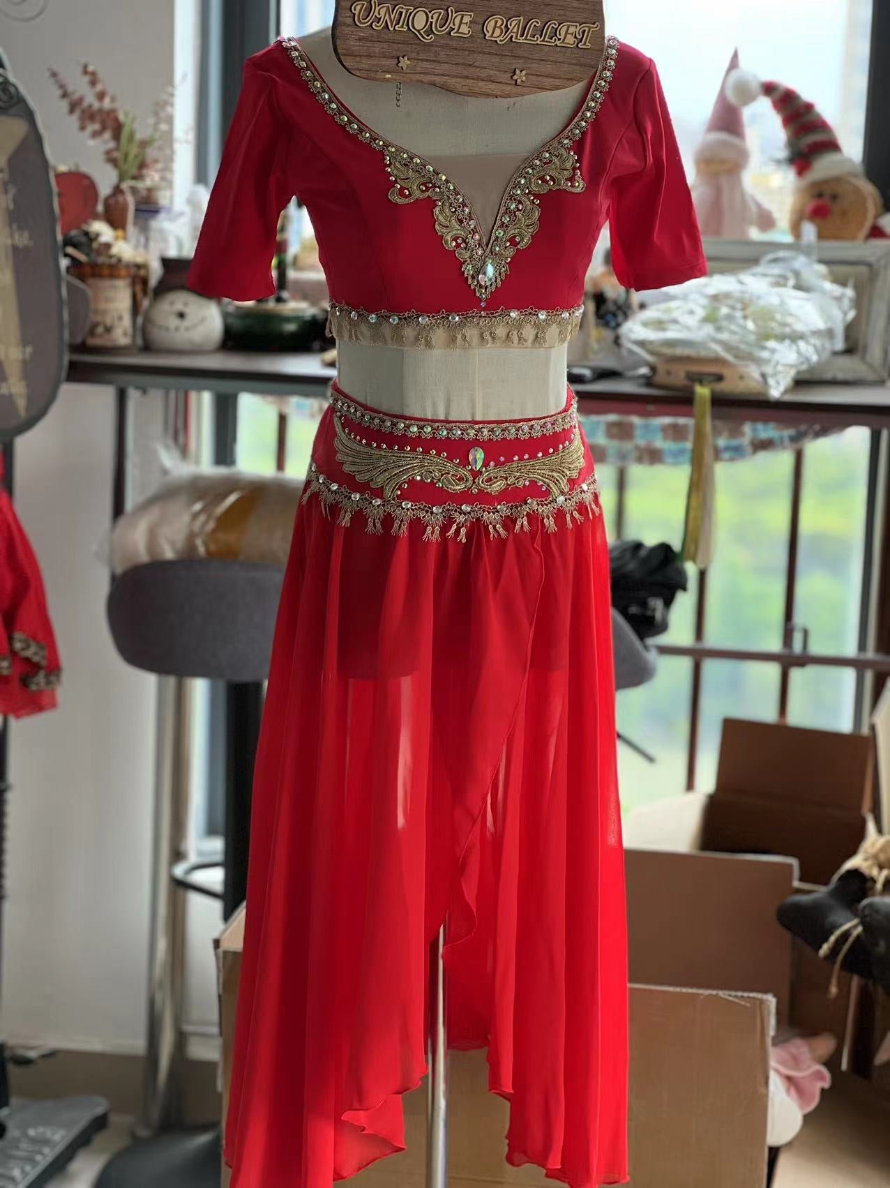 Professional Hooks Style Red 2 Pieces La Bayadere Nikija Indian Crop Top and Skirt Ballet Costume Set Nutcracker Arabian Dance Wear YAGP Costume - YL2PREDSKTGD