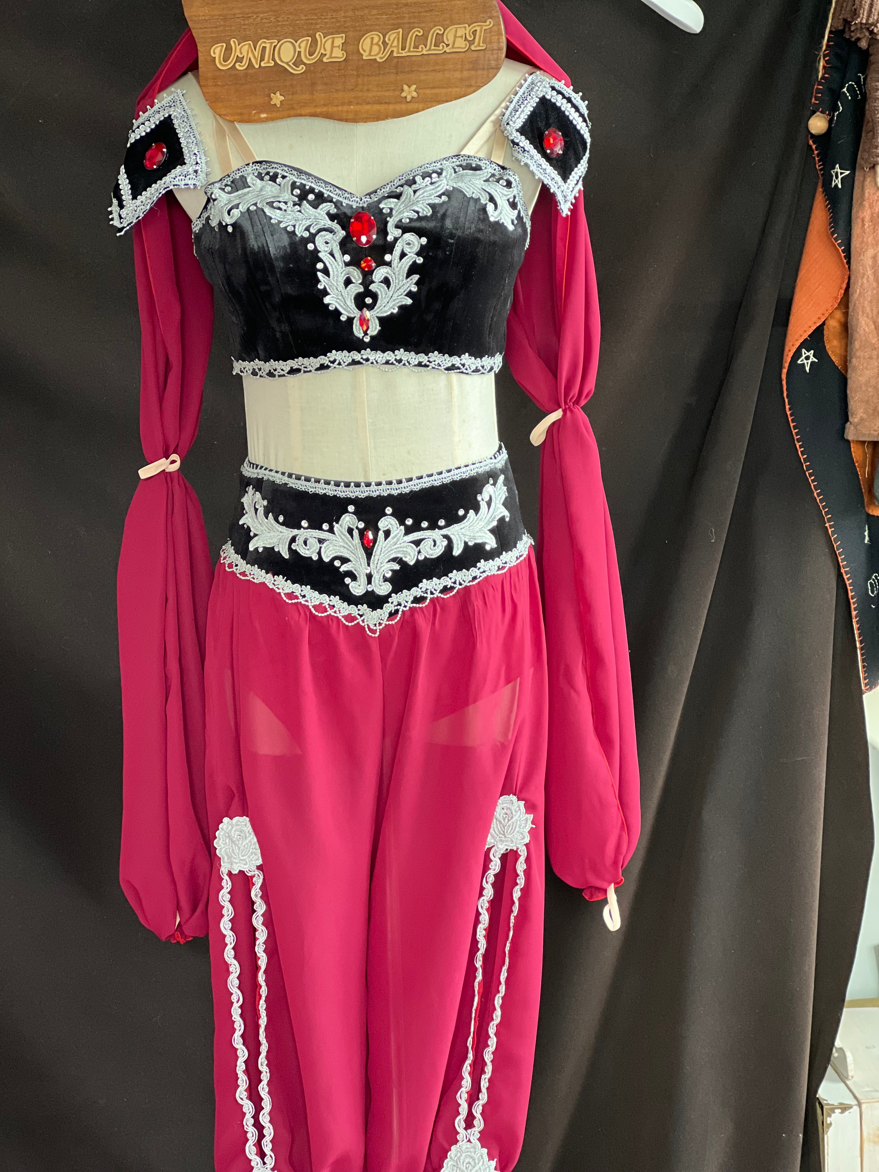 2 Pieces Black Top and Burgandy Win Red With Silver Appliqués Pants Arabian Dance La Bayadere Nikija Indian Crop Top and Pants Ballet Costume -YLPNTSBLKWNREDSLV