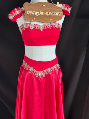 Professional Hooks Style Red Satin 2 Pieces La Bayadere Nikija Indian Crop Top and Skirt Ballet Costume Set Nutcracker Arabian Dance Wear YAGP Costume - YL2PREDSTNSKTGD