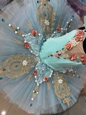 **Sample Discount** Kid's Professional Mint Green Tutu With 3D flowers Sleeping Beauty Professional Classical Ballet TuTu Costume With Hooks